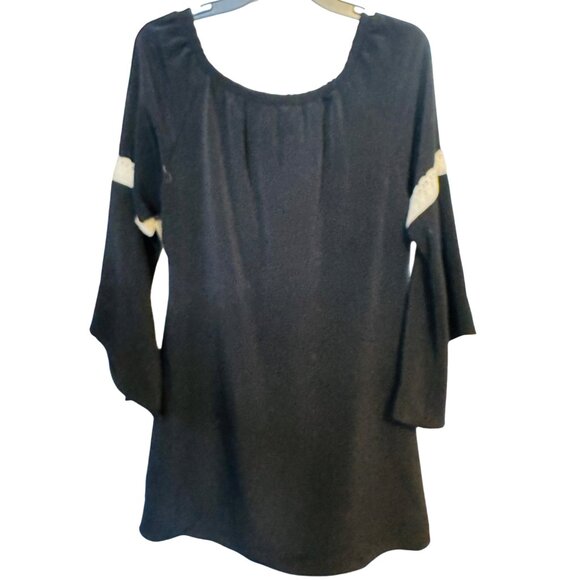 2/$30 VaVa Medium Boho Black & Ivory Tunic Mini Dress Lace Trim Bell Sleeves - Picture 9 of 16